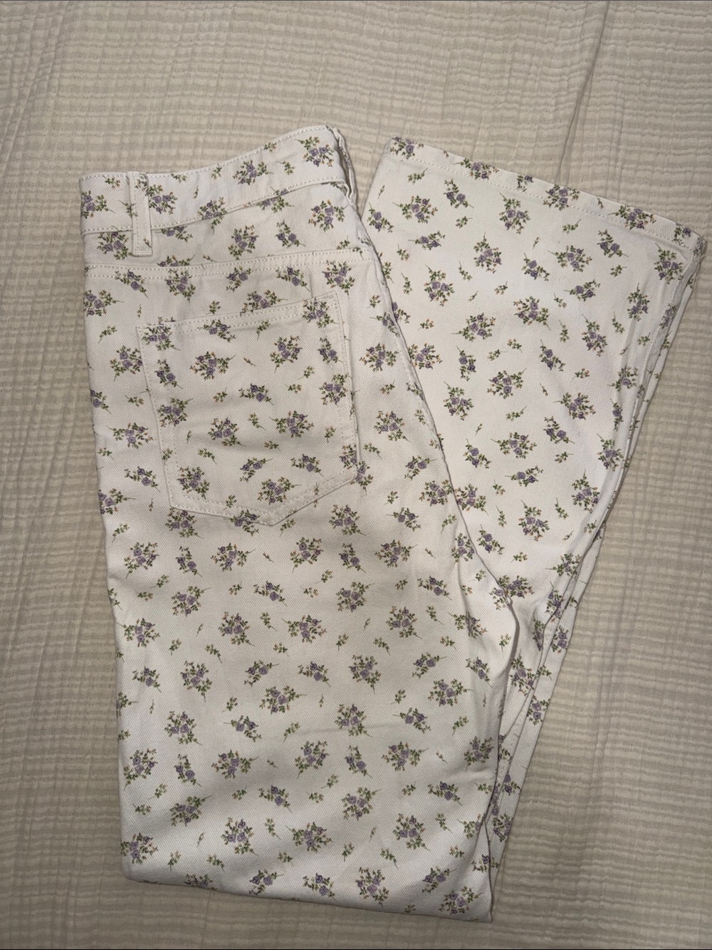H&M White Straight Leg Jeans with Small Lavender Floral Print